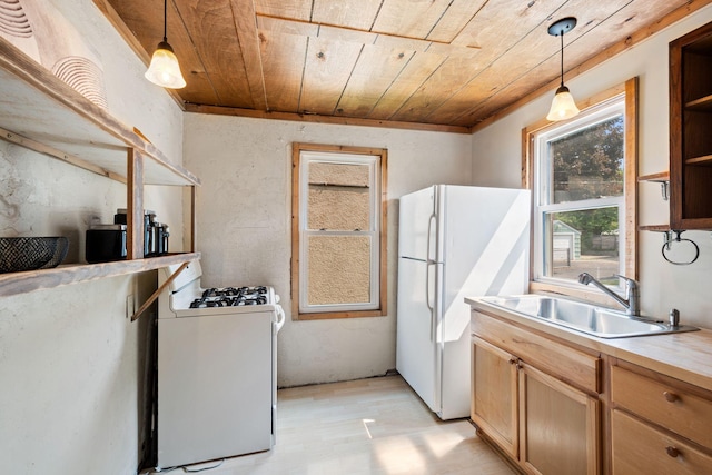 5545 45th Ave S, Minneapolis, MN 55417 - kitchen featuring white appliances, wooden ceiling, decorative light fixtures, light wood finished floors, and light countertops