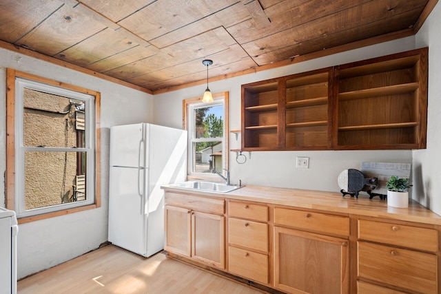5545 45th Ave S, Minneapolis, MN 55417 - kitchen featuring freestanding refrigerator, open shelves, light wood finished floors, wood ceiling, and hanging light fixtures