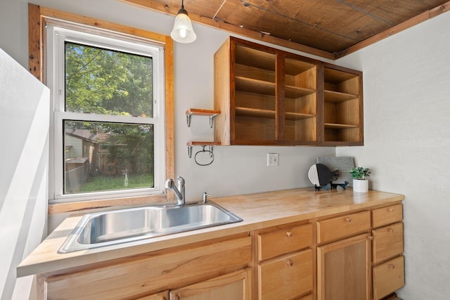 5545 45th Ave S, Minneapolis, MN 55417 - kitchen with wood counters, open shelves, wooden ceiling, and decorative light fixtures