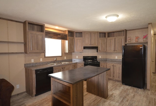 311 Mozart Ave E, Mankato, MN 56001 - kitchen featuring open shelves, black appliances, under cabinet range hood, and dark countertops