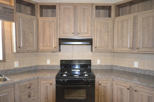 311 Mozart Ave E, Mankato, MN 56001 - kitchen with black gas stove, open shelves, under cabinet range hood, backsplash, and light brown cabinets
