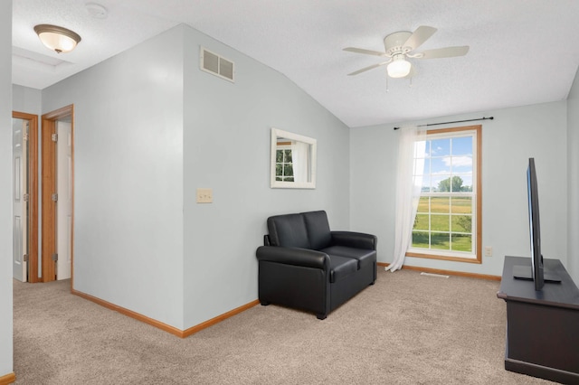 5055 149th St N Unit 2, Hugo, MN 55038 - sitting room with carpet, a ceiling fan, vaulted ceiling, and a textured ceiling