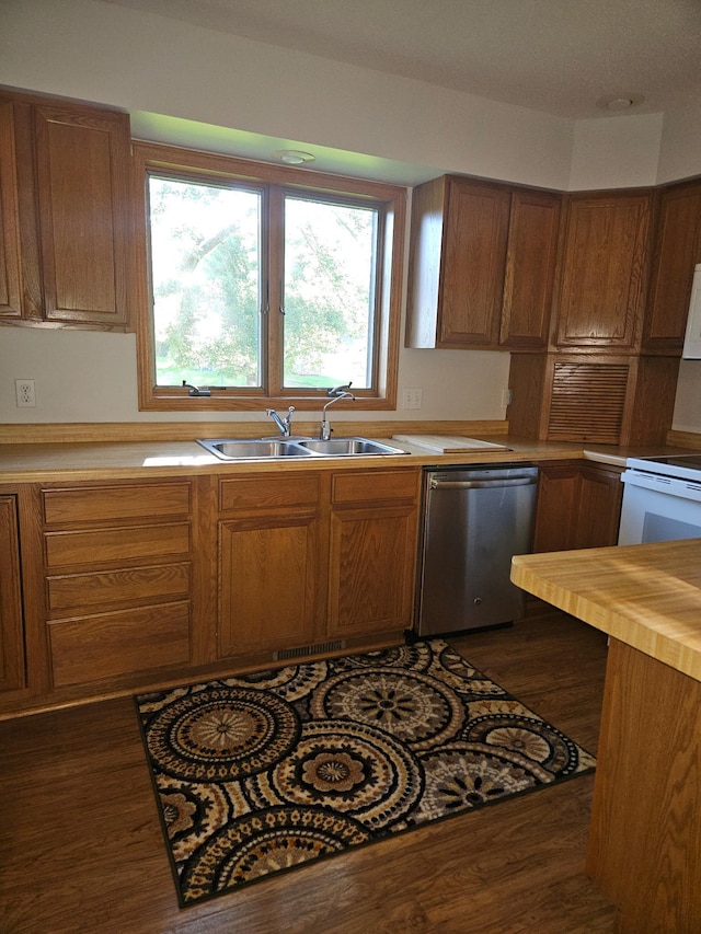 2705 9th St SW, Willmar, MN 56201 - kitchen with dishwasher, brown cabinets, white electric range oven, dark wood-style floors, and butcher block counters