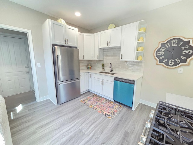 1323 Lincoln Ave, Saint Paul, MN 55105 - kitchen with stainless steel appliances, a sink, light wood-style flooring, light countertops, and tasteful backsplash