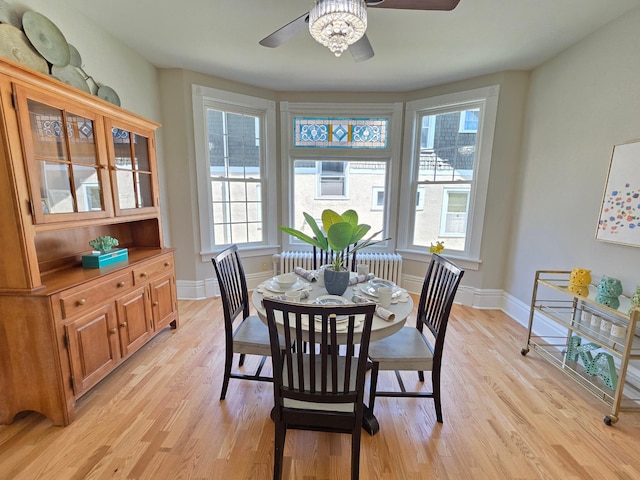 1323 Lincoln Ave, Saint Paul, MN 55105 - dining area featuring ceiling fan, light wood-style floors, radiator heating unit, and baseboards
