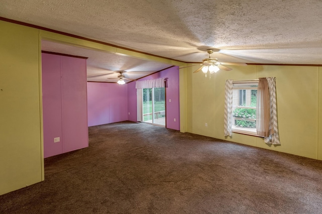 33087 Elm Ln, Motley, MN 56466 - carpeted spare room with ceiling fan, a textured ceiling, lofted ceiling, and crown molding
