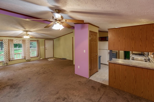 33087 Elm Ln, Motley, MN 56466 - kitchen with light colored carpet, a textured ceiling, a ceiling fan, freestanding refrigerator, and brown cabinets