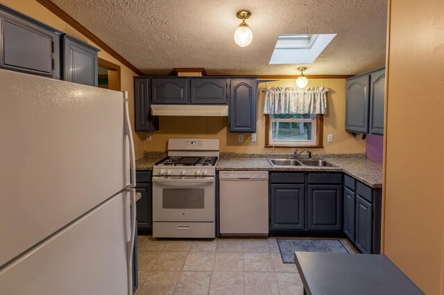 33087 Elm Ln, Motley, MN 56466 - kitchen featuring white appliances, a skylight, under cabinet range hood, a textured ceiling, and crown molding