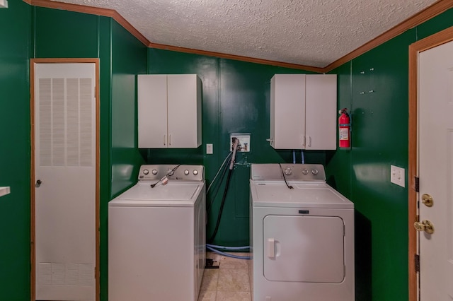 33087 Elm Ln, Motley, MN 56466 - washroom with cabinet space, ornamental molding, washing machine and dryer, a heating unit, and a textured ceiling