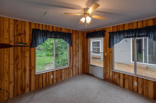 33087 Elm Ln, Motley, MN 56466 - unfurnished room featuring wooden walls, carpet floors, and a ceiling fan