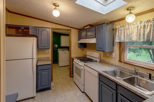 33087 Elm Ln, Motley, MN 56466 - kitchen featuring white appliances, under cabinet range hood, vaulted ceiling, crown molding, and a skylight