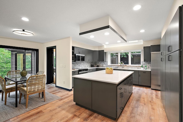 8335 Virginia Ave S, Bloomington, MN 55438 - kitchen with stainless steel appliances, gray cabinetry, decorative backsplash, light countertops, and healthy amount of natural light