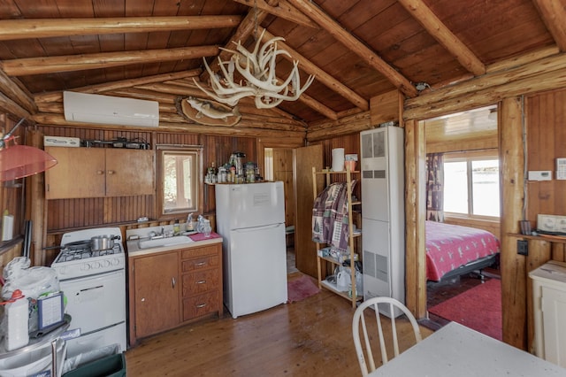 7520 Trophy Trl NW, Walker, MN 56484 - kitchen featuring white appliances, wood ceiling, wood finished floors, a wall mounted AC, and light countertops