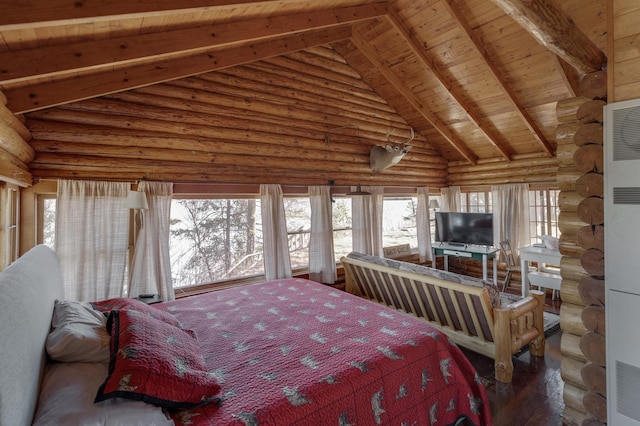 7520 Trophy Trl NW, Walker, MN 56484 - bedroom with high vaulted ceiling, log walls, a wood ceiling with exposed beams, and a heating unit