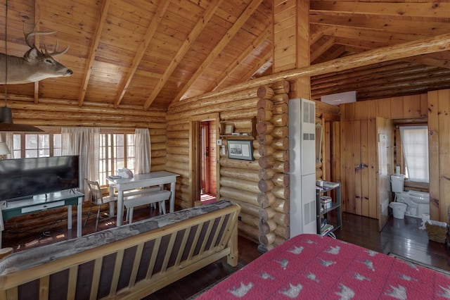 7520 Trophy Trl NW, Walker, MN 56484 - bedroom featuring a wooden ceiling with exposed beams, high vaulted ceiling, hardwood / wood-style floors, and log walls