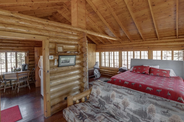 7520 Trophy Trl NW, Walker, MN 56484 - bedroom with multiple windows, a wooden ceiling with exposed beams, high vaulted ceiling, and wood finished floors