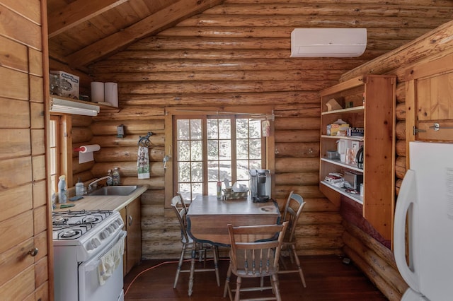 7520 Trophy Trl NW, Walker, MN 56484 - dining space with wood finished floors, log walls, and a wooden ceiling with exposed beams