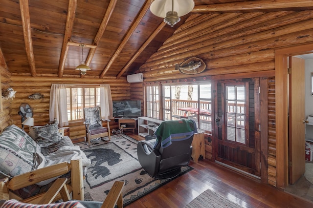 7520 Trophy Trl NW, Walker, MN 56484 - living room with wood ceiling, wood-type flooring, log walls, and a wall mounted air conditioner