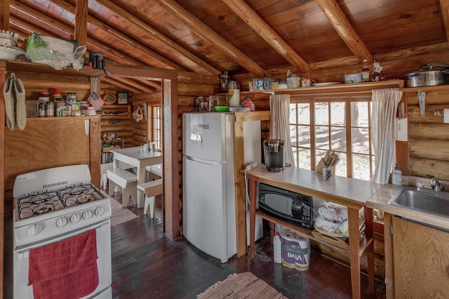 7520 Trophy Trl NW, Walker, MN 56484 - kitchen with white appliances, rustic walls, wooden ceiling, and dark wood-style flooring