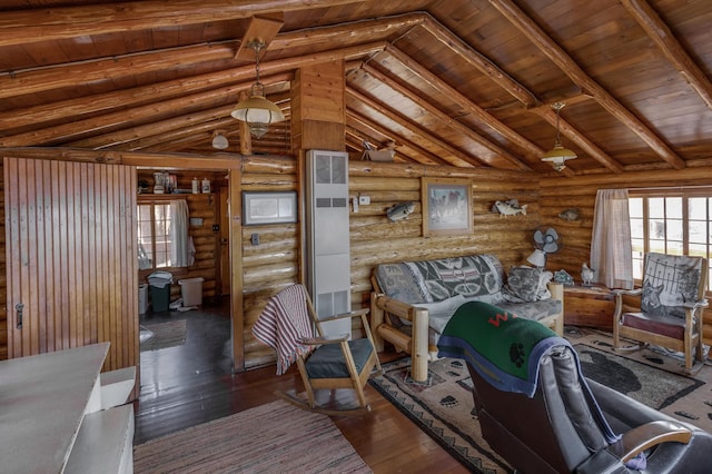 7520 Trophy Trl NW, Walker, MN 56484 - living area featuring wood ceiling, wood-type flooring, and rustic walls