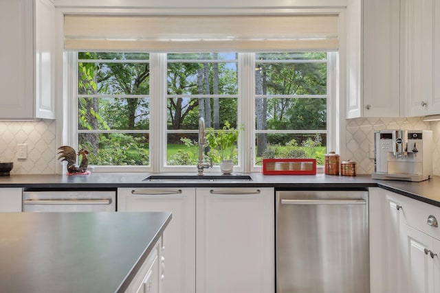 11155 Mill Run, Minnetonka, MN 55305 - kitchen with dishwasher, decorative backsplash, and white cabinetry