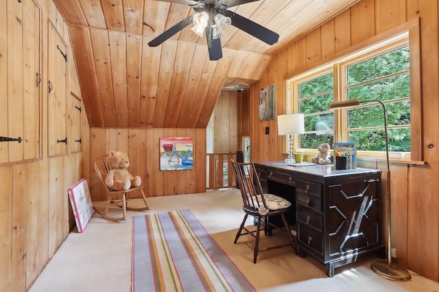 11155 Mill Run, Minnetonka, MN 55305 - office featuring lofted ceiling, wood walls, wood ceiling, ceiling fan, and carpet