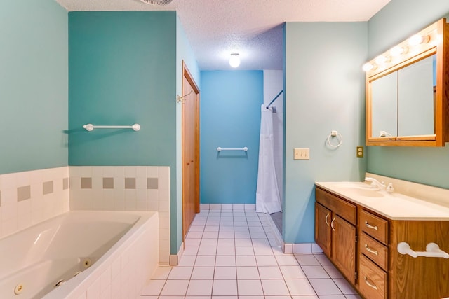 5645 Wisconsin Ave N, New Hope, MN 55428 - bathroom with a whirlpool tub, vanity, tile patterned floors, a textured ceiling, and a shower with shower curtain
