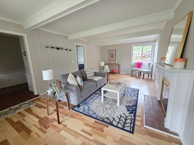 13801 Lake Street Ext, Minnetonka, MN 55345 - living area featuring beam ceiling, light wood-style flooring, and ornamental molding