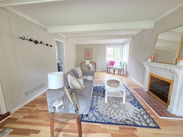 13801 Lake Street Ext, Minnetonka, MN 55345 - living area with wood finished floors, beam ceiling, crown molding, a tiled fireplace, and wood walls