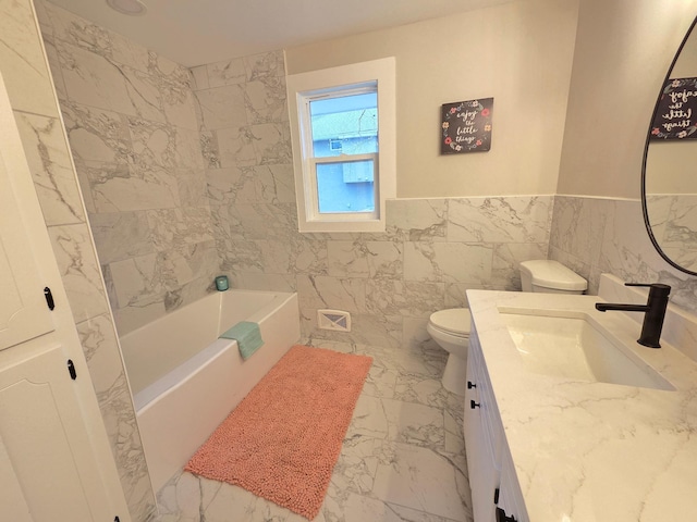 13801 Lake Street Ext, Minnetonka, MN 55345 - bathroom featuring marble look tile flooring, a bathtub, toilet, vanity, and tile walls