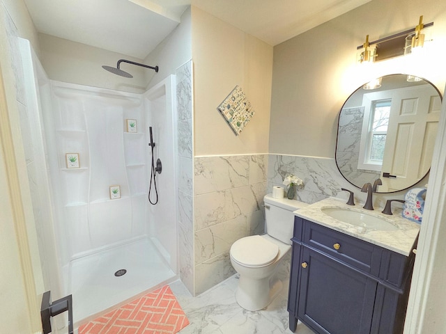 13801 Lake Street Ext, Minnetonka, MN 55345 - full bath with a walk in shower, toilet, tile walls, vanity, and marble look tile flooring