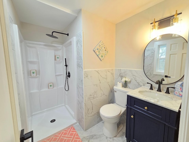 13801 Lake Street Ext, Minnetonka, MN 55345 - full bathroom with a walk in shower, tile walls, toilet, vanity, and wainscoting