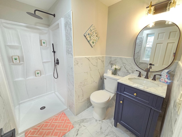13801 Lake Street Ext, Minnetonka, MN 55345 - bathroom featuring walk in shower, toilet, vanity, wainscoting, and tile walls