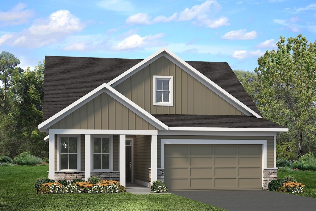 10969 37th St N, Lake Elmo, MN 55042 - craftsman-style home with board and batten siding, a shingled roof, driveway, and stone siding