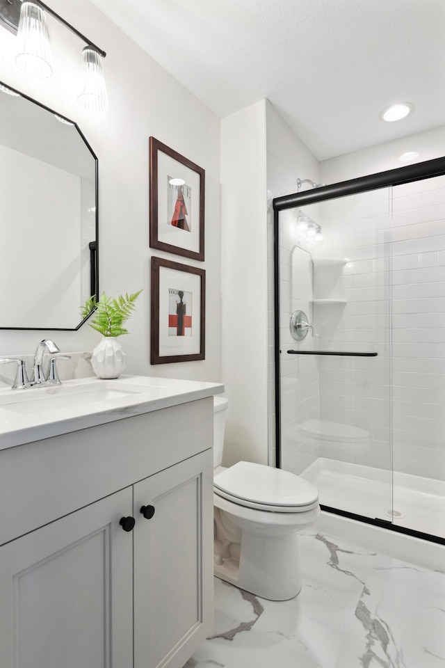 5240 Polaris Ln N, Plymouth, MN 55446 - full bathroom with toilet, vanity, a shower stall, marble finish floors, and recessed lighting