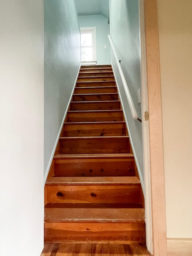 4241 Tyler St NE, Columbia Heights, MN 55421 - stairway with wood finished floors and vaulted ceiling