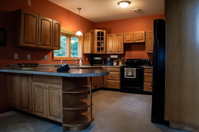 10804 Splithand Rd, Wildwood Twp, MN 55744 - kitchen with black appliances, a peninsula, open shelves, and dark countertops