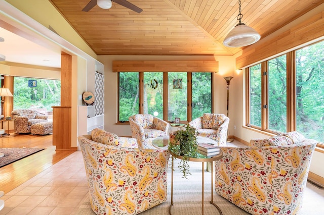28647 State Highway 78, Otter Tail Twp, MN 56515 - living room with wooden ceiling, healthy amount of natural light, ceiling fan, and lofted ceiling