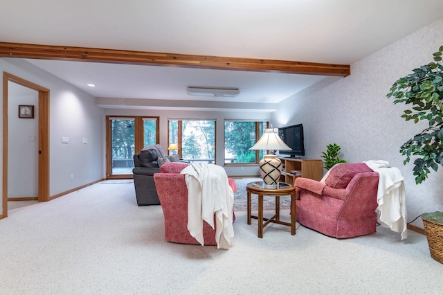 28647 State Highway 78, Otter Tail Twp, MN 56515 - carpeted living area with beamed ceiling and baseboards