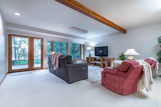 28647 State Highway 78, Otter Tail Twp, MN 56515 - carpeted living area featuring plenty of natural light, beamed ceiling, and recessed lighting