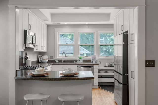 141 Rustic Ldg W, Minneapolis, MN 55419 - kitchen featuring appliances with stainless steel finishes, a raised ceiling, a peninsula, light wood-style floors, and recessed lighting