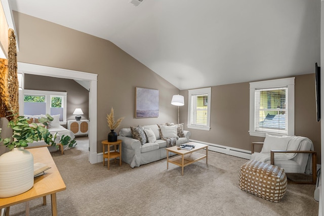 141 Rustic Ldg W, Minneapolis, MN 55419 - living room with vaulted ceiling, baseboard heating, plenty of natural light, and carpet