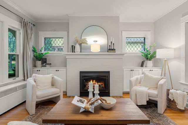 141 Rustic Ldg W, Minneapolis, MN 55419 - living room with radiator, healthy amount of natural light, light wood-style flooring, crown molding, and a fireplace