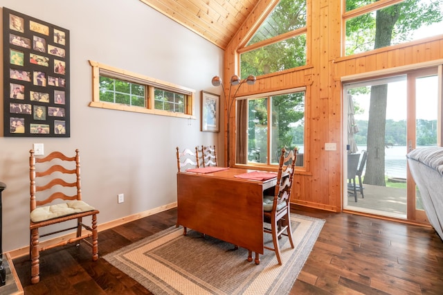 12088 Sylvan Dr SW, Pillager, MN 56473 - dining room with dark wood-style floors, baseboards, wooden ceiling, and high vaulted ceiling