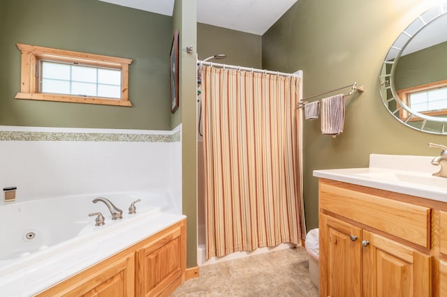 12088 Sylvan Dr SW, Pillager, MN 56473 - bathroom featuring a jetted tub, vanity, a shower with curtain, and tile patterned flooring