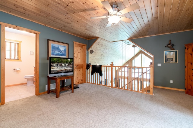 12088 Sylvan Dr SW, Pillager, MN 56473 - sitting room with a ceiling fan, carpet flooring, wood ceiling, baseboards, and healthy amount of natural light