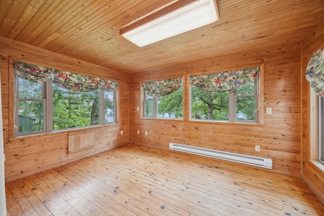 16584 River Rd, Green Prairie Twp, MN 56345 - unfurnished room featuring a baseboard radiator, wooden walls, light wood-style floors, a wall unit AC, and wood ceiling