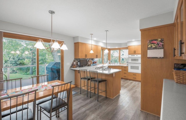 2434 Southcrest Ave E, Maplewood, MN 55119 - kitchen featuring a peninsula, healthy amount of natural light, light wood finished floors, stainless steel gas cooktop, and recessed lighting