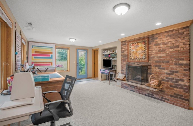 2434 Southcrest Ave E, Maplewood, MN 55119 - office area featuring a brick fireplace, carpet flooring, recessed lighting, a textured ceiling, and baseboards