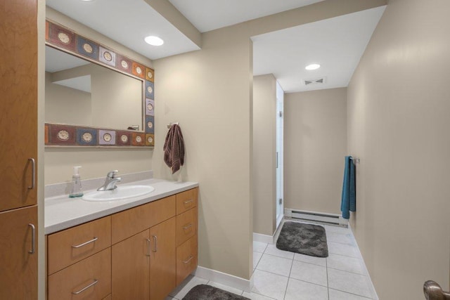 2434 Southcrest Ave E, Maplewood, MN 55119 - bathroom with baseboard heating, tile patterned flooring, vanity, baseboards, and a shower stall